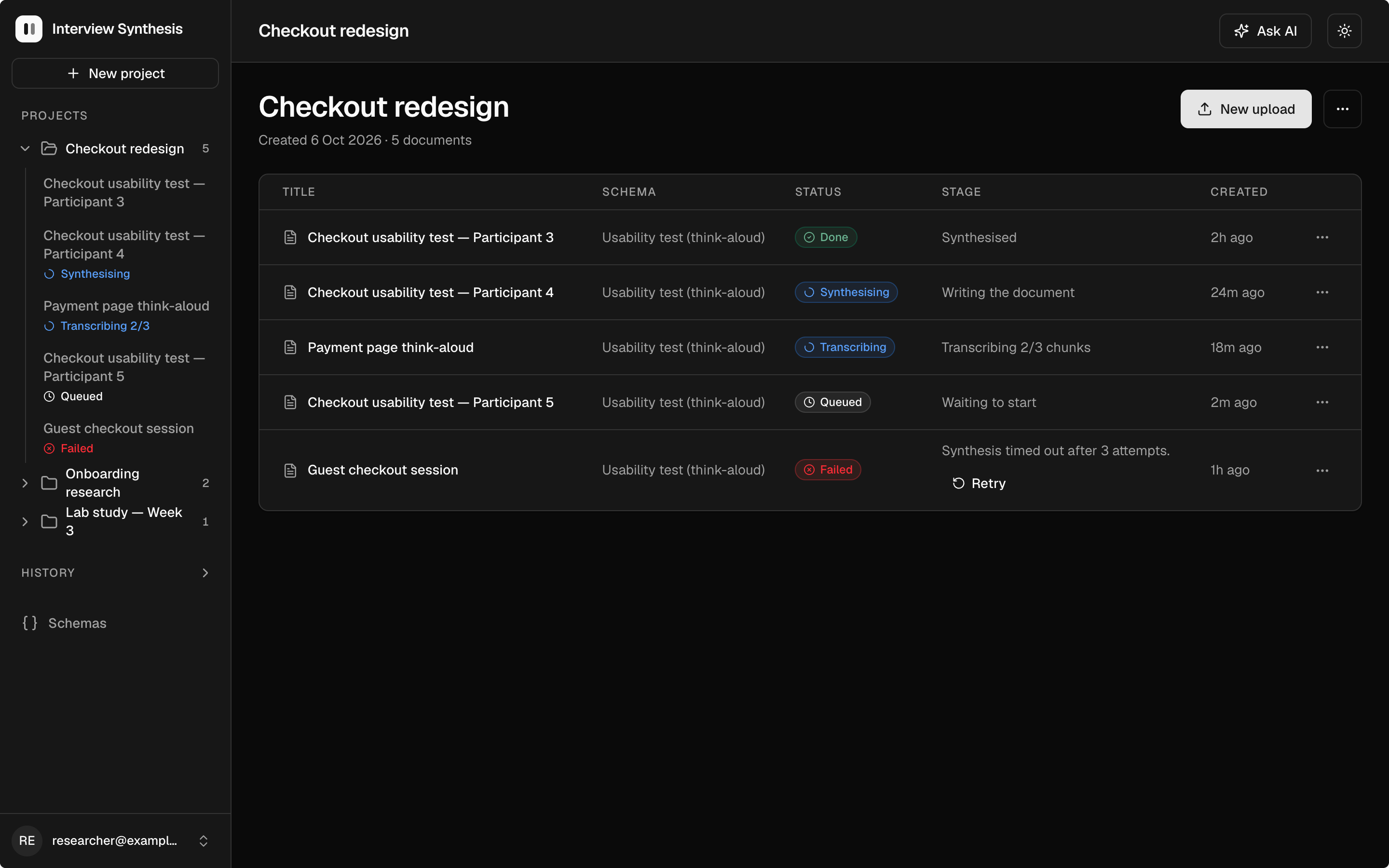 Claude Design's project overview screen in dark mode