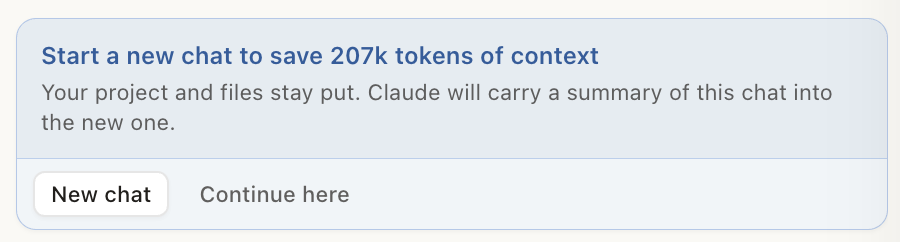 Claude Design notice: Start a new chat to save 207k tokens of context