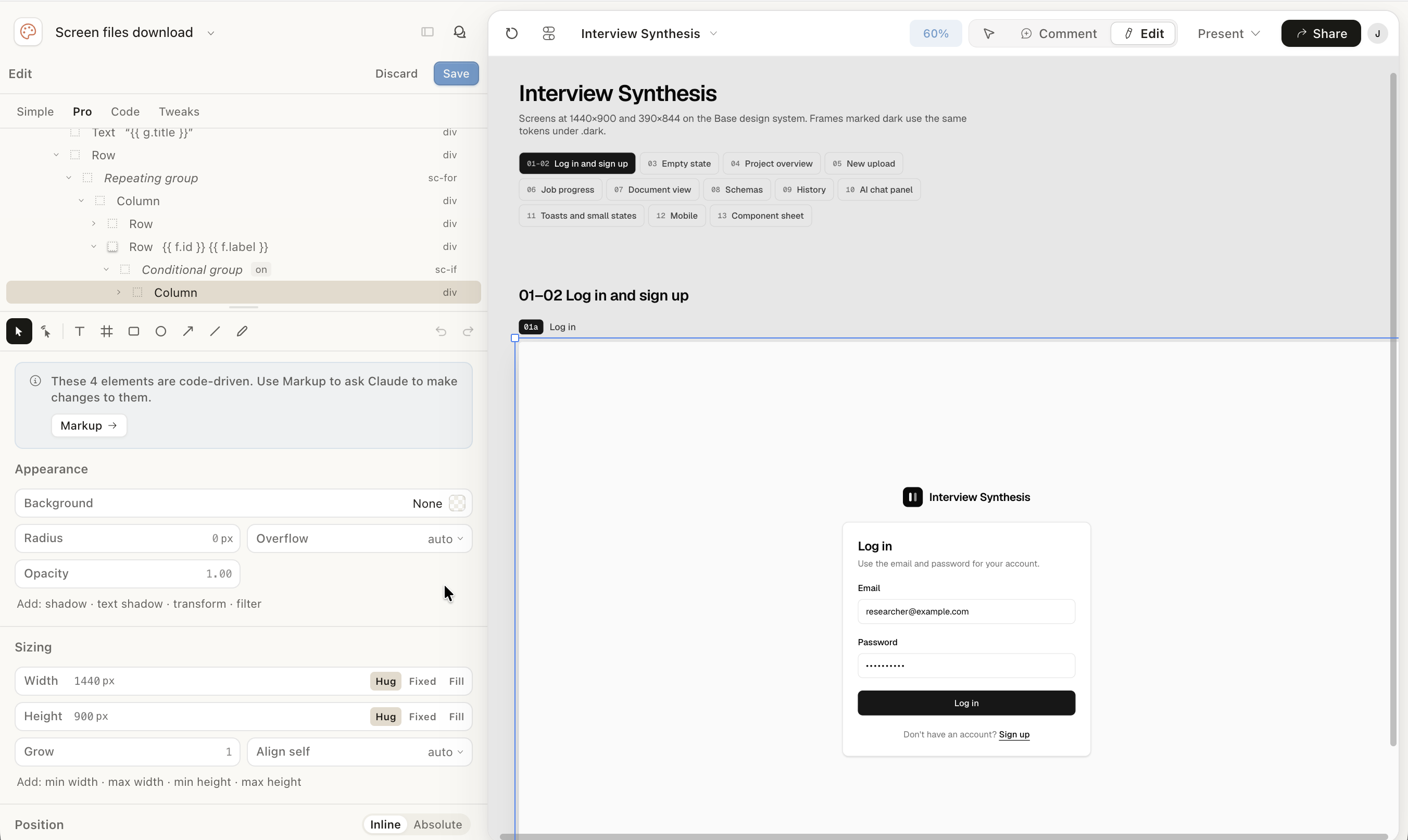 Claude Design's edit mode, with a layer tree, drawing tools and appearance and sizing controls