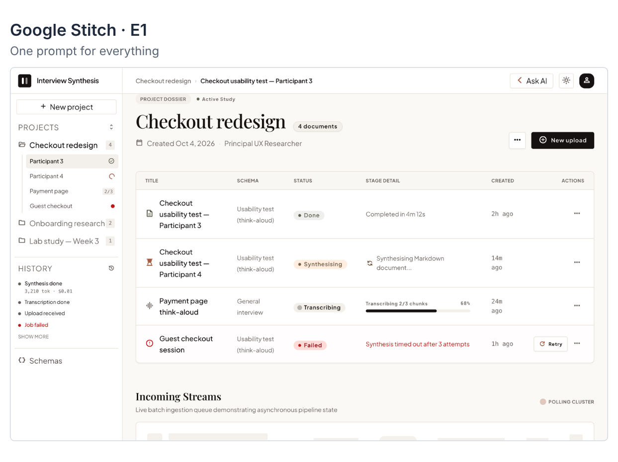Google Stitch E1 (one prompt for everything): the project overview screen