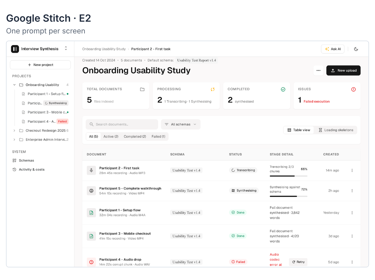Google Stitch E2 (one prompt per screen): the project overview screen