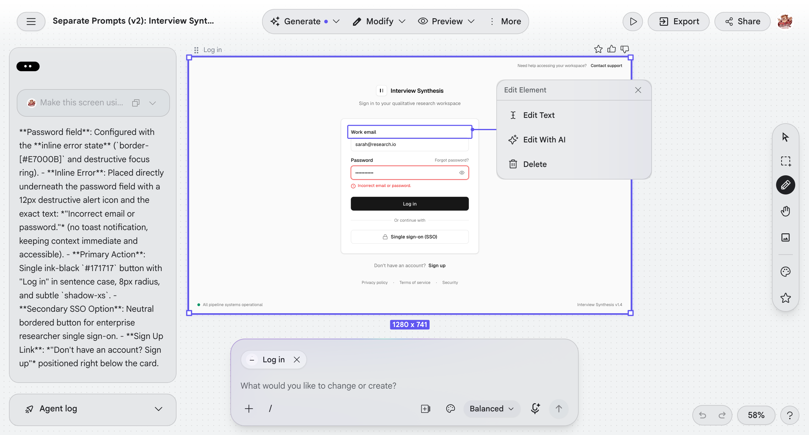 Google Stitch's direct edit mode, with an Edit Element menu offering Edit Text, Edit With AI and Delete