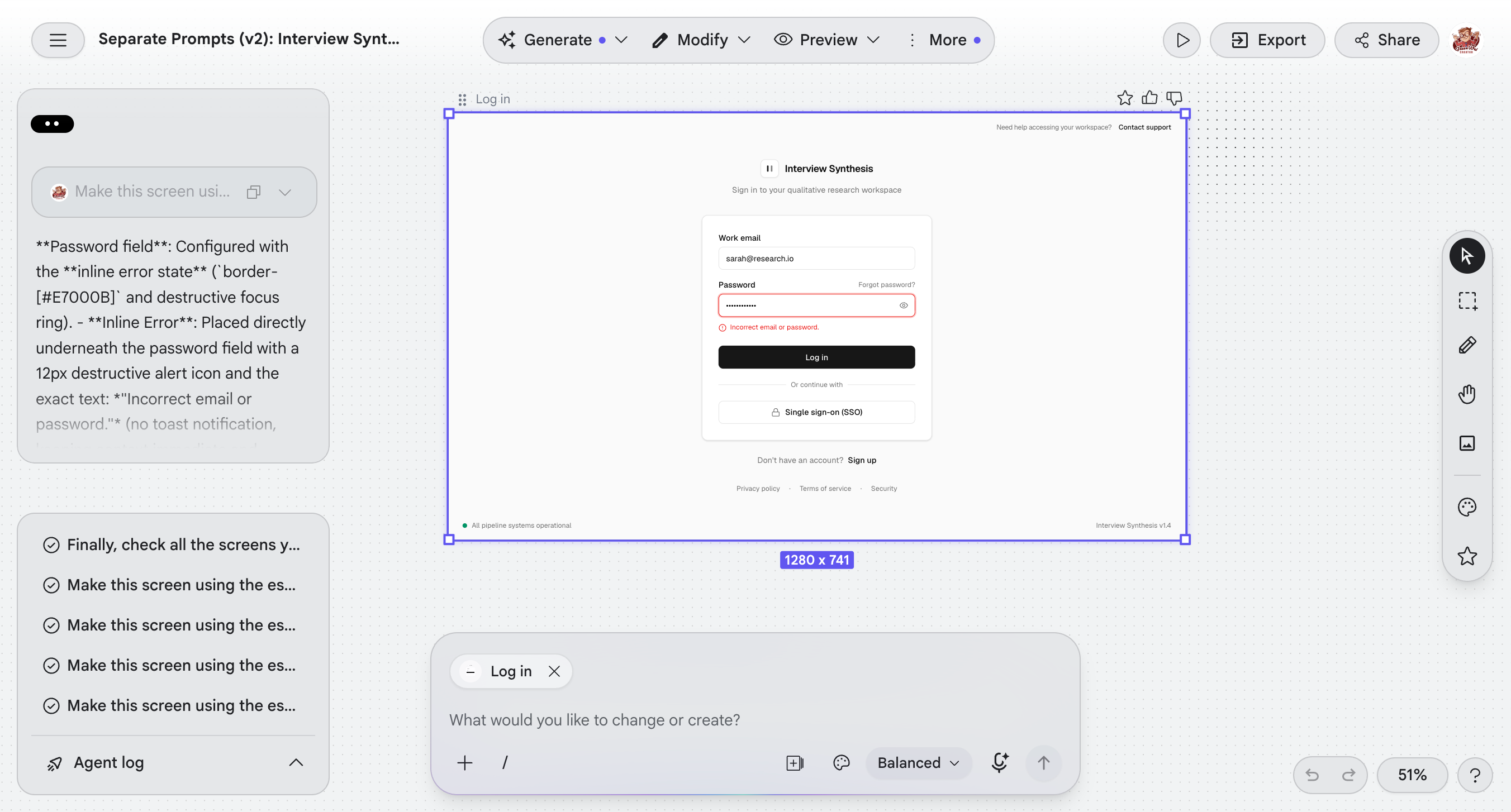 Google Stitch's interface: a chat panel on the left, the generated log-in screen on the canvas, and a prompt box at the bottom
