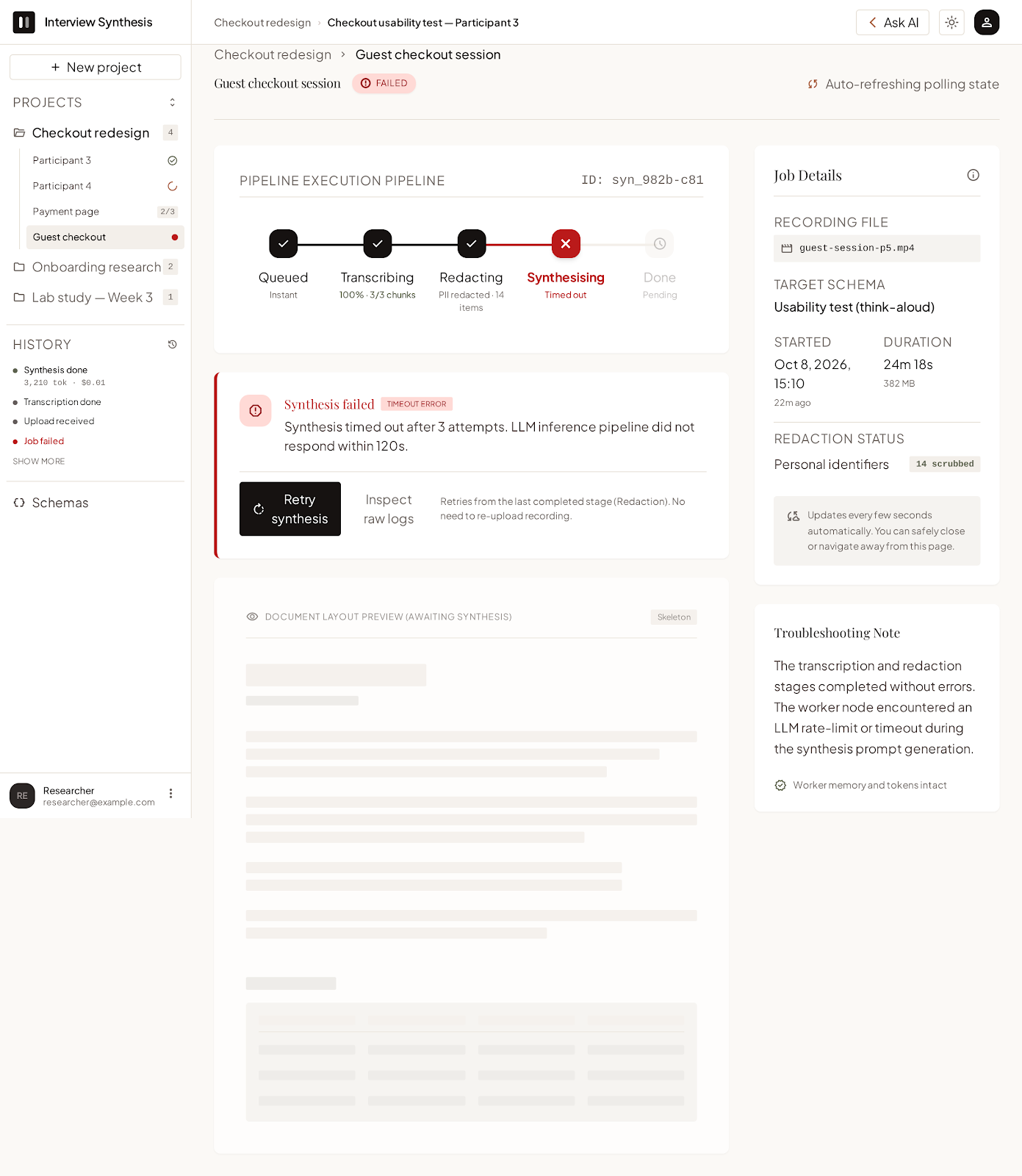 Google Stitch E1: job progress (document in progress) screen