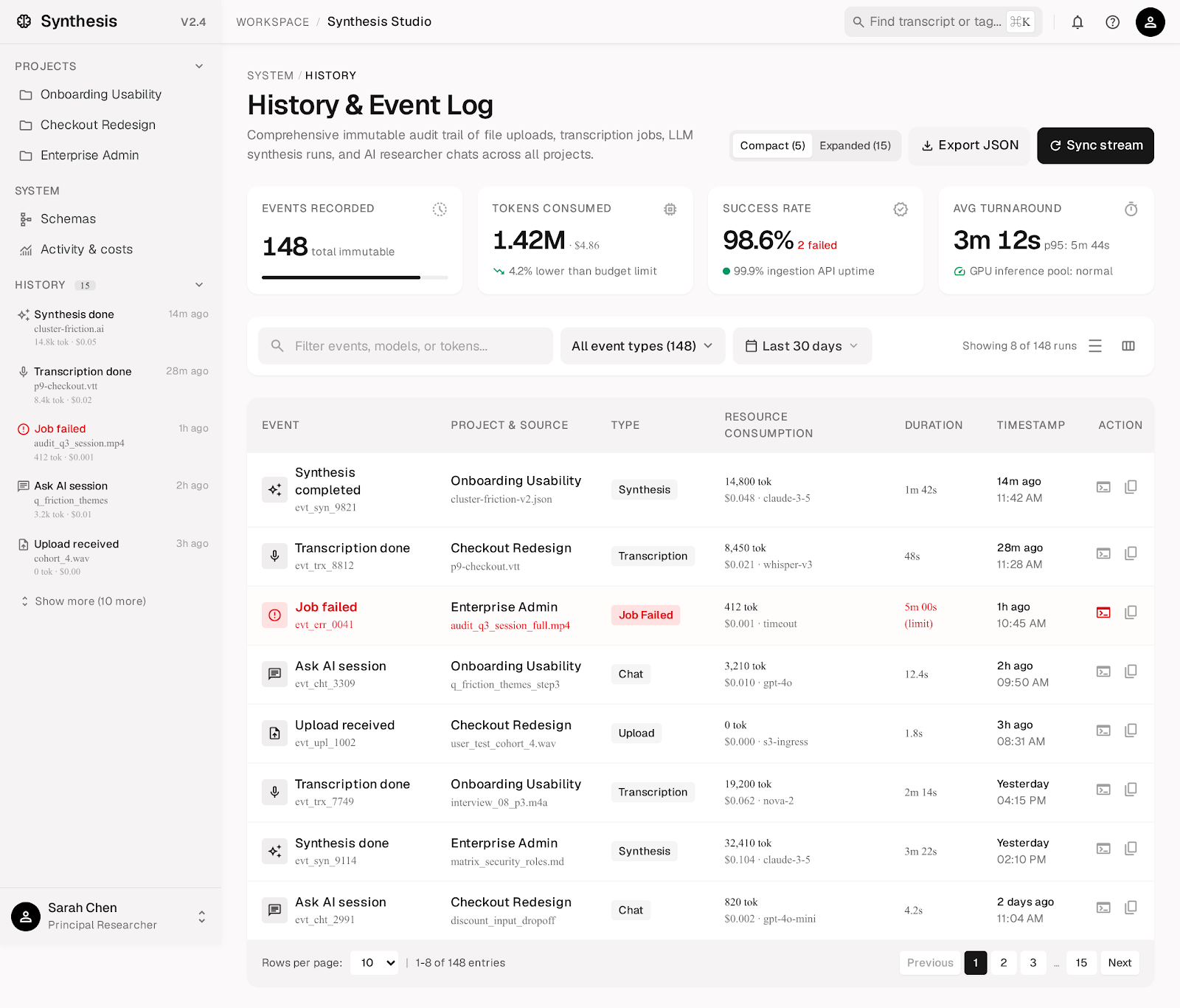 Google Stitch E2: history screen