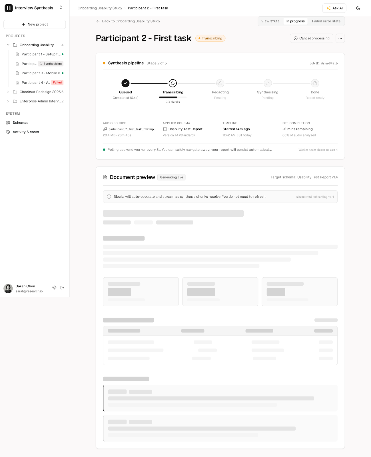Google Stitch E2: job progress (document in progress) screen