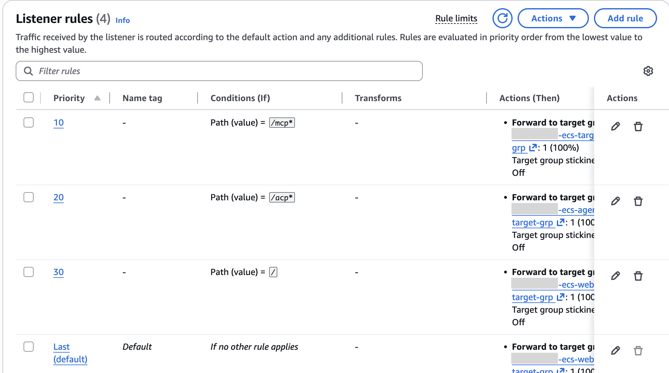 The listener rules page in the AWS console, with path rules for /mcp*, /acp* and / at priorities 10, 20 and 30, and the default rule last