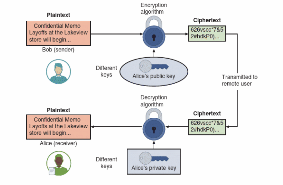 Asymmetric cryptography. (Image source: Ciampa, M. (2024). Comptia+ security+ guide to network fundamentals. Cengage.)